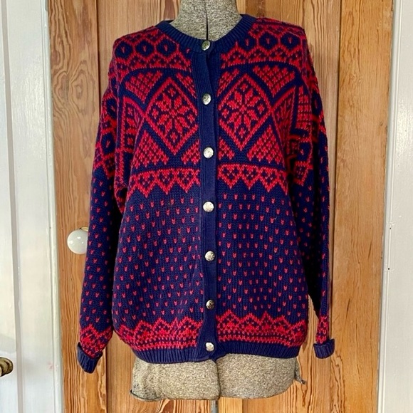 Vintage Cabin Fever  Nordic Fair Isle Cotton Cardigan/Sweater Size Medium 🍄 - Picture 1 of 7